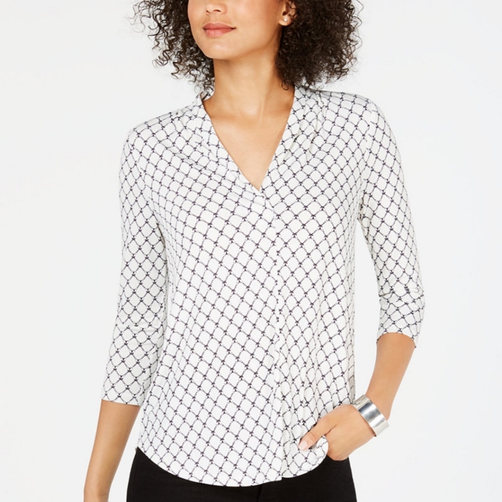 Petite Lattice Pleated V-Neck Top, 3/4 sleeve, created for Macy's